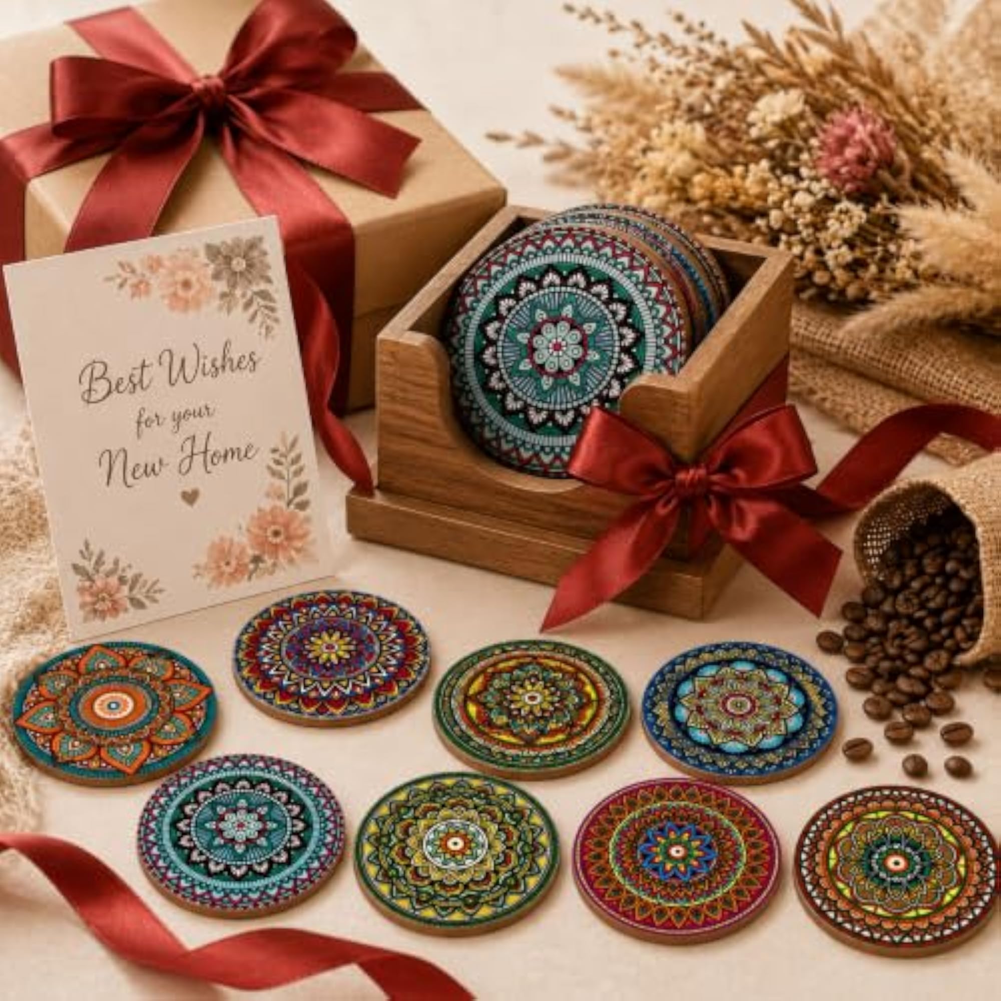 Mandala Wooden Tea Coasters Set of 9
